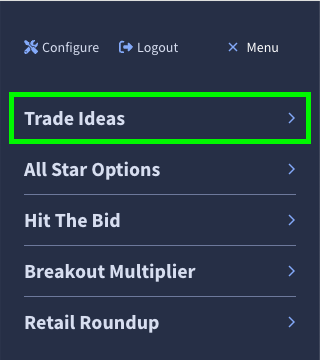 Open Rangefinder main menu with Trade Ideas link underlined