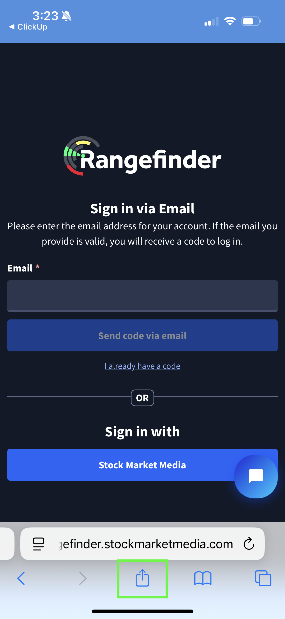 Rangefinder app login screen on iOS device with URL and actions displayed at the bottom