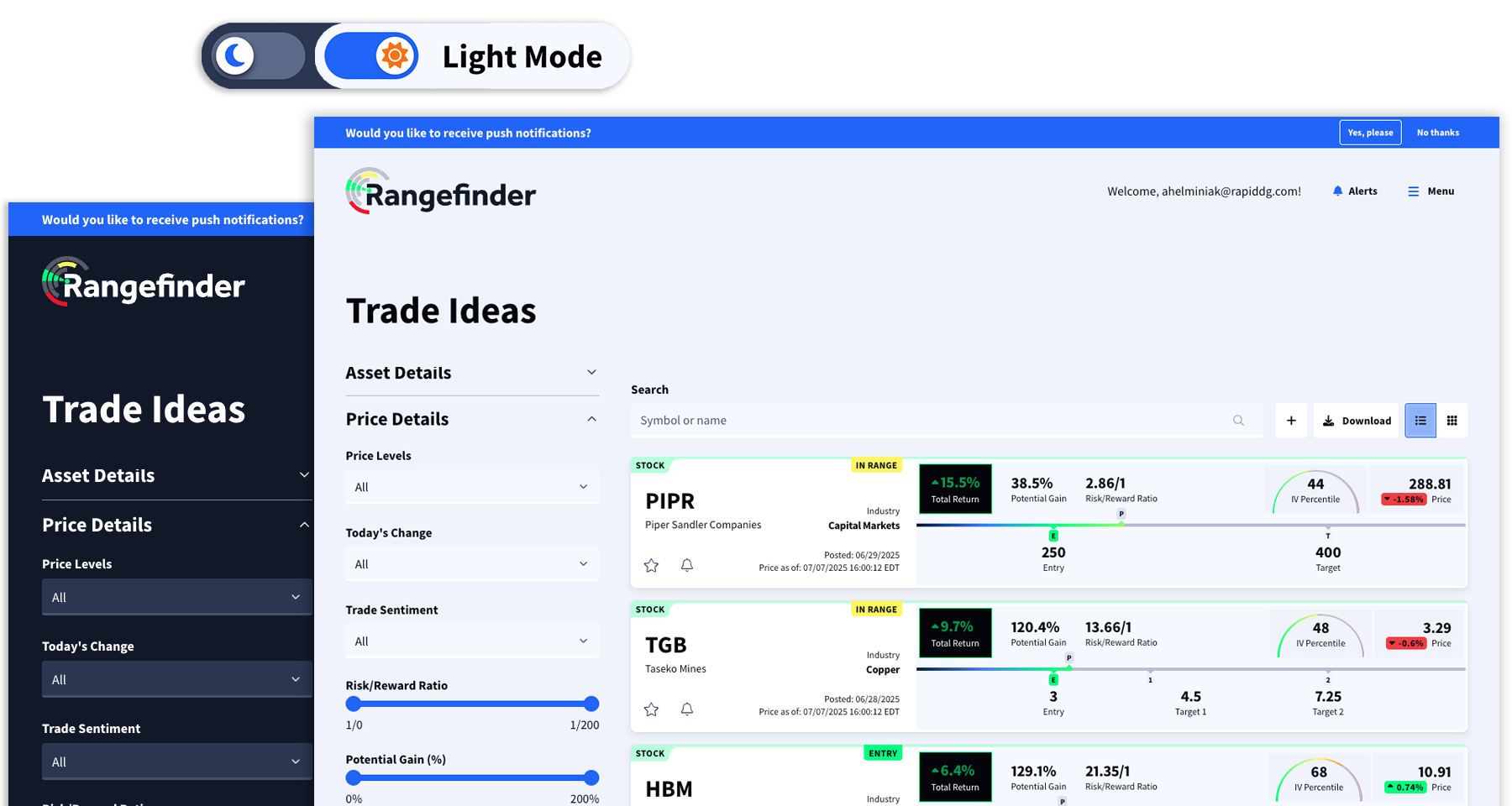 Rangefinder stacked equity trade list screens with light mode toggle above them.