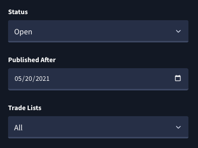 Rangefinder basic equity trade filter dropdowns, Status, Published After, and Trade Lists