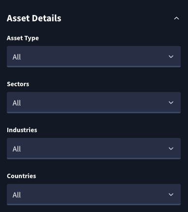Open accordion of Asset Details Rangerfinder filters, multi-select fields for asset type, sectors, industries, and countries