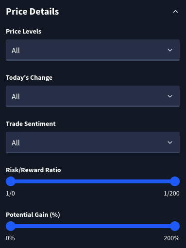 Rangefinder open accordion filter list for Price Details, multi select price levels, today's change, trade sentiment, range risk/reward and potential gain filters.