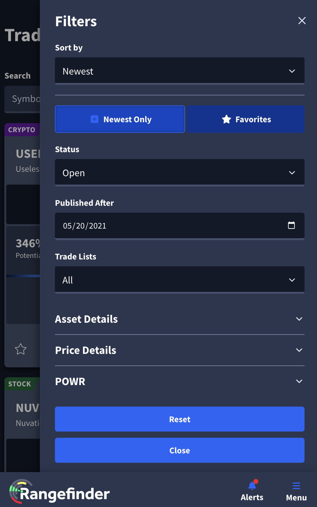 Rangefinder equity trade filter fields