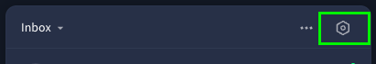 Alerts inbox top bar, with Inbox dropdown, actions, and settings buttons. The settings button is highlighted on the right side.
