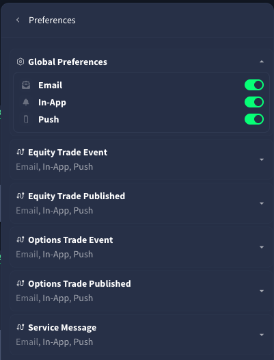 Preferences window, with Global Preferences opened revealing email, in-app, and push notification methods as switch control options