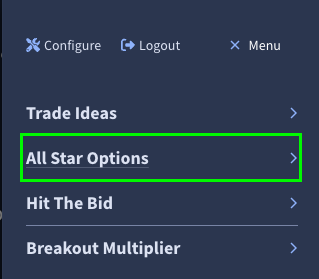 Rangefinder main menu with All Star Options menu link highlighted with a green box