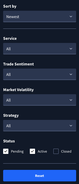 Rangefinder options trades filters, sort by, service, trade sentiment, market volatility, and strategy dropdowns, status checkboxes