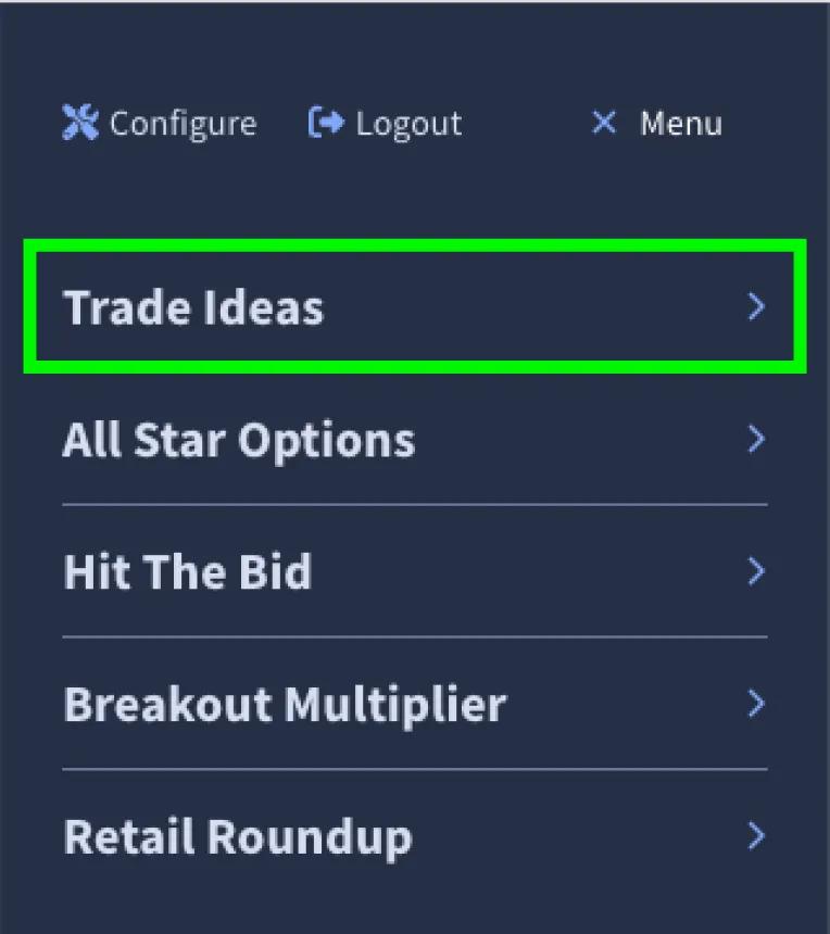 Open Rangefinder main menu with Trade Ideas link underlined