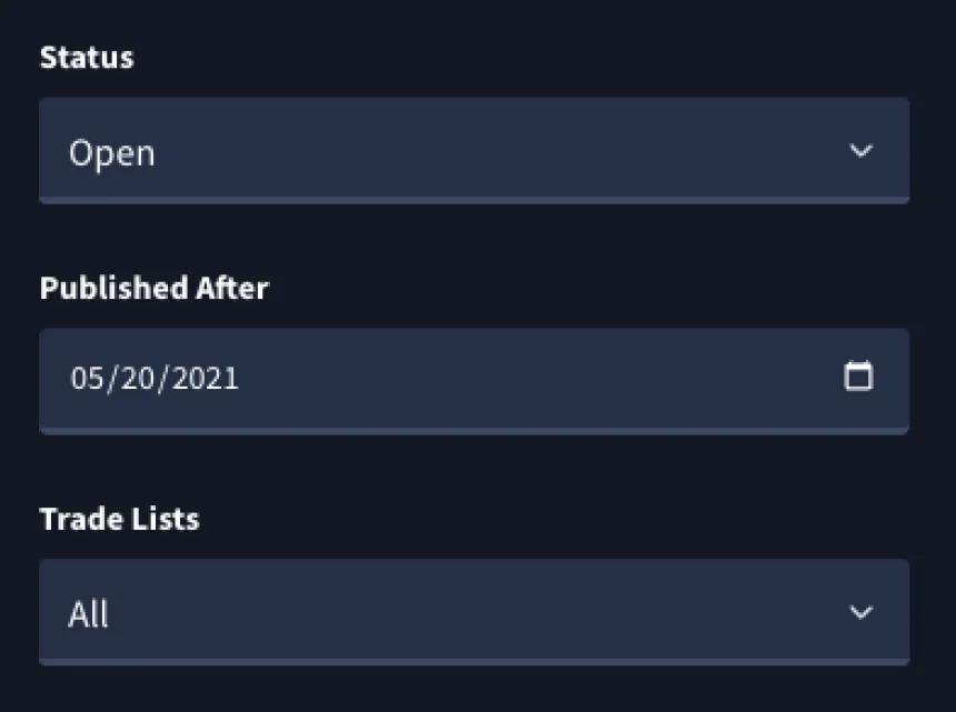 Rangefinder basic equity trade filter dropdowns, Status, Published After, and Trade Lists