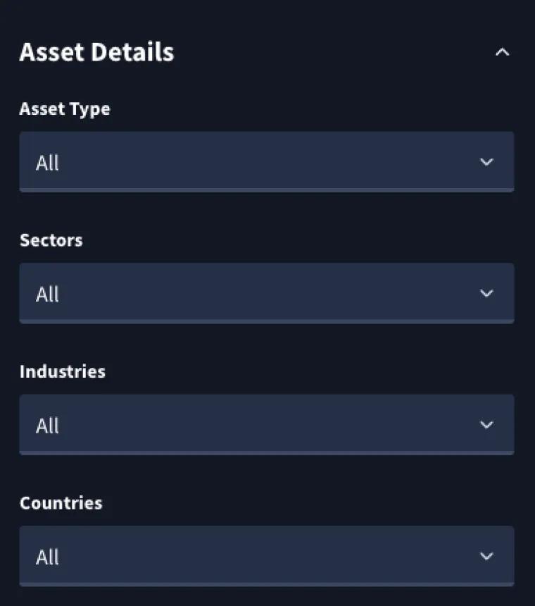 Open accordion of Asset Details Rangerfinder filters, multi-select fields for asset type, sectors, industries, and countries