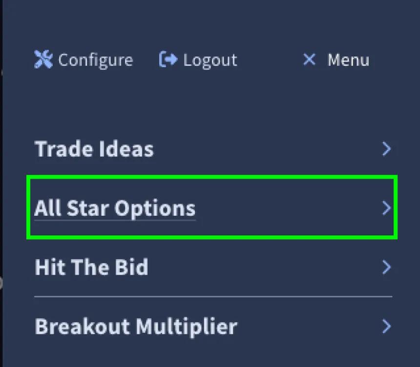 Rangefinder main menu with All Star Options menu link highlighted with a green box