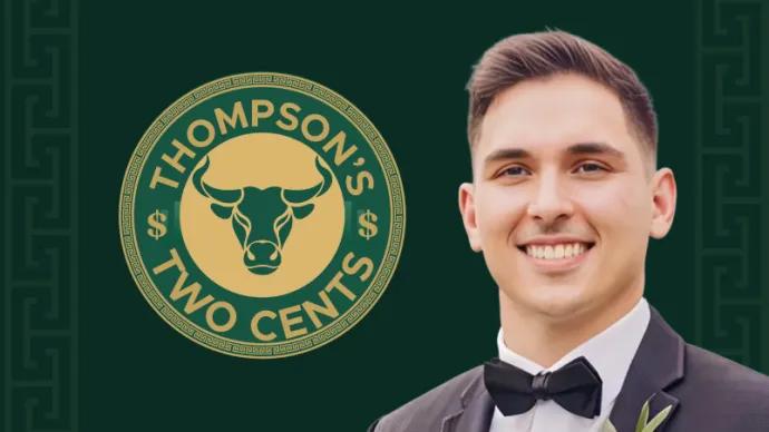 thompsons two cents logo with Larry Thompson headshot